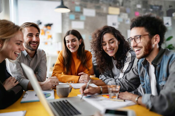 Group of People Sitting Around a Yellow Table. Generative AI.