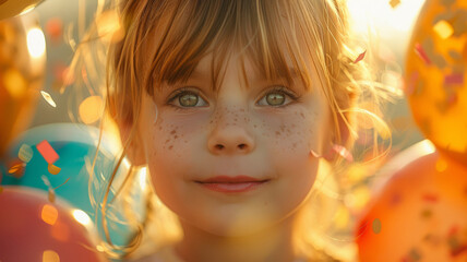 Sticker - Close-up of a little girl's face surrounded by balloons.