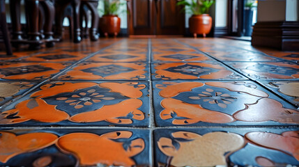 Close Up of Tiled Floor With Orange and Blue Designs