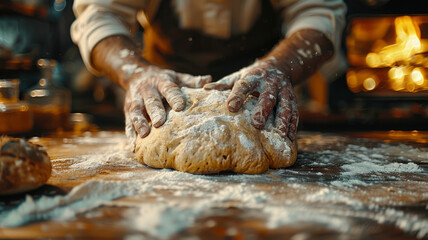 Wall Mural - Close-up of a baker's hands kneading dough.