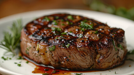 Wall Mural - Juicy appetizing steak on a white plate.