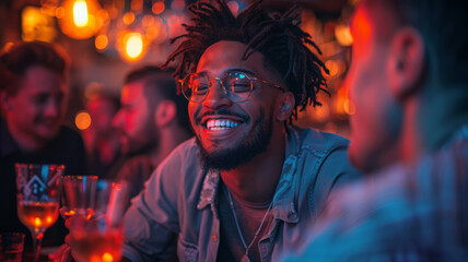 Canvas Print - Cheerful man in a bar surrounded by friends