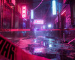 A futuristic cityscape with neon lights and holographic crime scene tape stretched across a high tech alleyway
