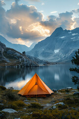 Wall Mural - beautiful mountain landscape with a tent in the background