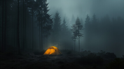 Wall Mural - a tourist tent  in the rainy foggy forest