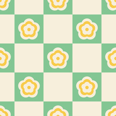 Wall Mural - Yellow and white flowers on green checkered background. Vector seamless pattern in soft retro pastel colors.