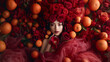 Person amidst vibrant oranges and red roses, creating a striking contrast