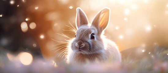 Cute rabbit on a sun light with smooth shiny bokeh background. Happy Easter day celebration concept backdrop.