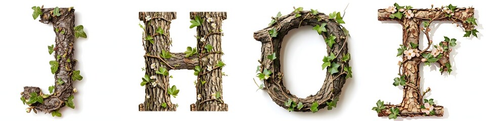 Alphabet letters J, H, O, F made of wood and leaves spelling on white background