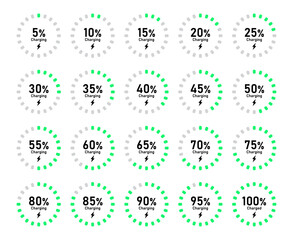 Wall Mural - Battery recharge icon set with 5% 10% 20% 50% 70% 90% and 100% percent charge in rounded dot circle in green and black color vector flat illustration on white background - Vector Icon