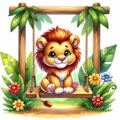 Wall Mural -  Illustrate a young, cartoon lion with a vibrant small mane and large, friendly eyes, sitting on a wooden swing. The swing is hanging from a wooden