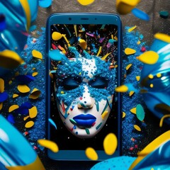 Wall Mural - Black screen on a smartphone, on it a face with a carnival mask around colored confett. Carnival outfits, masks and decorations.