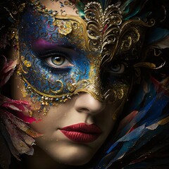 Wall Mural - Face of a woman in a beautiful, delicately decorated eye mask. Carnival outfits, masks and decorations.