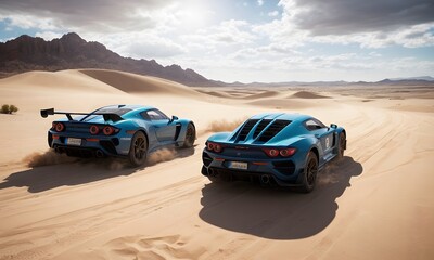  Two blue sports cars with sleek automotive design are speeding through the desert landscape under a clear sky, their tires kicking up dust clouds