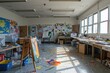 A chaotic room filled with clutter and miscellaneous items scattered across the floor, Empty classroom turned into an art studio with scattered art supplies, AI Generated
