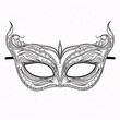 Black and white carnival eye mask with decorations, white isolated background. Coloring sheet. Carnival outfits, masks and decorations.