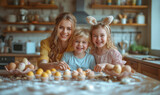 Fototapeta  - Happy Easter. Mother and her son and daughter, adorned with floral crowns and one with bunny ears, share joyful moment decorating cupcakes in kitchen filled with rustic charm.