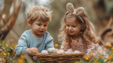 Two young children, boy and girl with bunny ears, are engrossed in examining basket full of colorful Easter eggs amidst field of wildflowers.