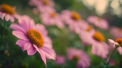 Wall Mural - Beautiful field filled with pink flowers boasting bright yellow centers. Colorful blooms sway gently in breeze, creating stunning natural display