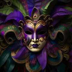 Wall Mural - Gold purple carnival mask with ornaments. Carnival outfits, masks and decorations.