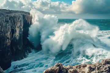 Wall Mural - A massive wave forcefully collides with a jagged rocky cliff, creating a dramatic display of natures raw power, Enormous wave pounding on a rocky cliff, AI Generated