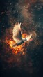 Flying white dove with fire effect on dark background. Symbol of peace. Gifts of holy spirit concept	