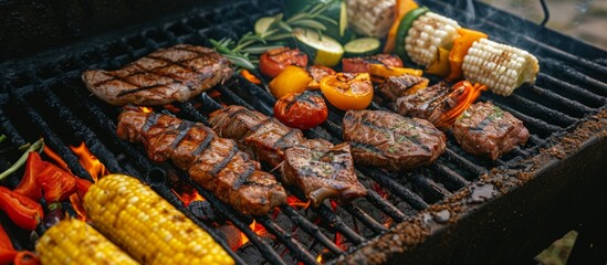 Canvas Print - Delicious grilled meat and vegetables on a hot barbecue grill outdoors in the summer