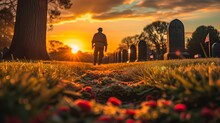 Silhouette Of A Veteran Walking In Cemetery Sunrise With Dew Tombstones Lined With American Flags.