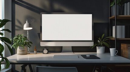 Wall Mural - Blank white screen desktop computer mockup in modern office room or home workspace with decorations