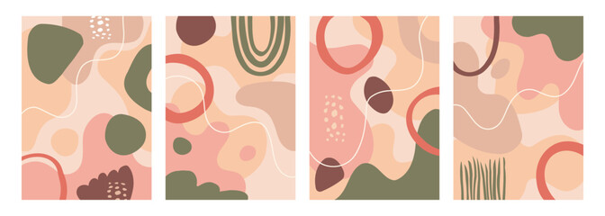 Fototapete - Set of abstract backgrounds with various hand drawn dynamic shapes and white wavy lines for creative graphic design. Vector illustration.