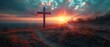 Cross on Calvary hill. Sunrise, sunset sky background. Ascension day concept. Christian Easter. Faith in Jesus Christ. Christianity. Church worship, salvation concept.