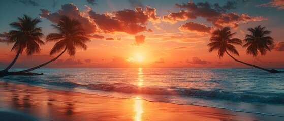 Poster - The beach is surrounded by palm trees and a beautiful skyscape. Background for travel, tourism, vacation ideas. Mexico. Caribbean island paradise with beautiful coconut palm silhouettes and orange