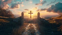 Cross On Calvary Hill, Sunrise, Sunset Sky Background. Copy Space. Ascension Day. Christian Easter. Faith In Jesus Christ. Christianity. Church Worship, Salvation Concept. Gate To Heaven.