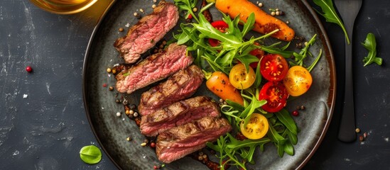 Delicious grilled steak with assorted colorful vegetables on a rustic wooden table