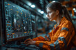 A determined woman in an orange jumpsuit deftly manipulates the electronic engineering of a computer, her focused expression a stark contrast to the bright hue of her clothing
