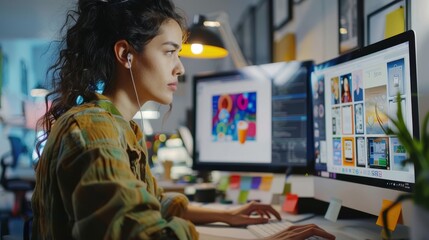 This beautiful multiethnic young woman is developing a new app design and user interface for a digital graphics editing program.