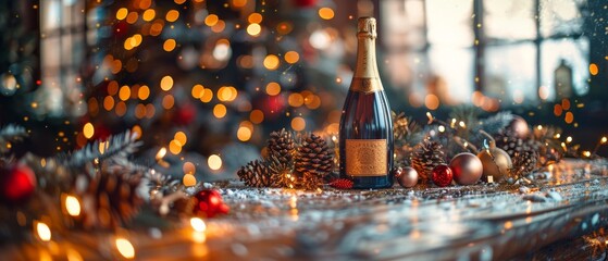 Poster - Happy new year 2024 background with bright lights, gifts, champagne bottle, and happy new year card