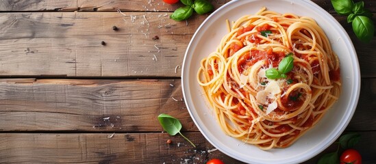 Canvas Print - Delicious plate of spaghetti with rich tomato sauce and fresh basil leaves, Italian cuisine concept