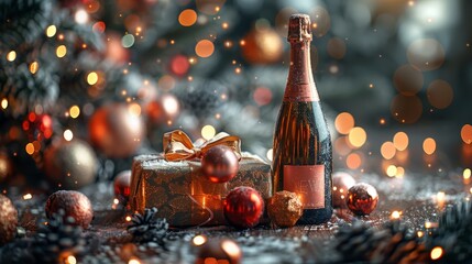 Poster - With bright lights, gifts, and a bottle of champagne, this new year holiday card has a happy new year 2024 background