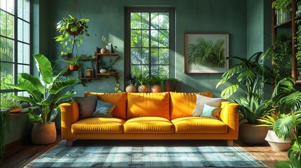 Sticker - Plants and sofas decorate the interior of this living room