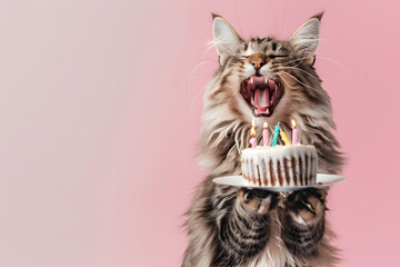 Wall Mural - Cute cat holding birthday cake for celebration.