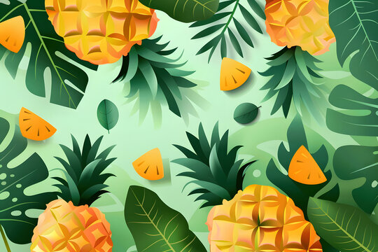 Summer pattern of pineapple and green leaves on green background.