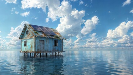 Wall Mural - Floating Freedom: Sustainable Houseboat Embraces Renewable Energy