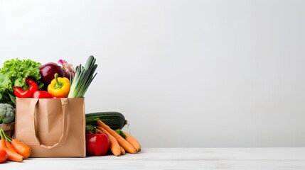 Wall Mural - Delivery healthy food background. Vegan vegetarian food in paper bag vegetables and fruits on white, copy space, banner.Grocery shopping food supermarket and clean vegan eating concept