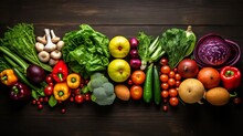 Flat Lay Of Huge Group Of Fresh Vegetables And Fruit On Wooden Background - Vegetables VS Fruit - High Quality Studio Shot -  Flat Lay