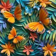 A dynamic display of paper butterflies with outspread wings among tropical paper foliage, showcasing a lively play of colors and shapes.