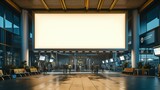 Fototapeta Perspektywa 3d - Ads. big mock up of horizontal blank advertising billboard or light box showcase at airport, copy space for your text message or media content, advertisement, commercial and marketing concept