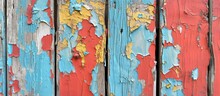 A Detailed Shot Of A Wooden Fence With Red And Blue Art Paint Peeling Off, Creating A Striking Pattern Of Magenta And Electric Blue On The Natural Material