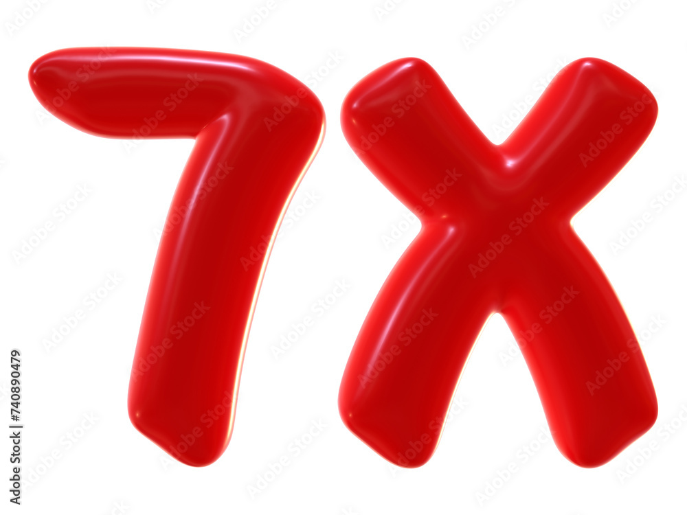 7x with red color isolated on transparent background. 3d number and ...