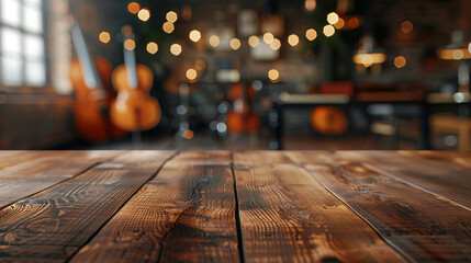 A blank wooden tabletop with blurred musical instruments and sheet music in the background ideal for promoting music related products